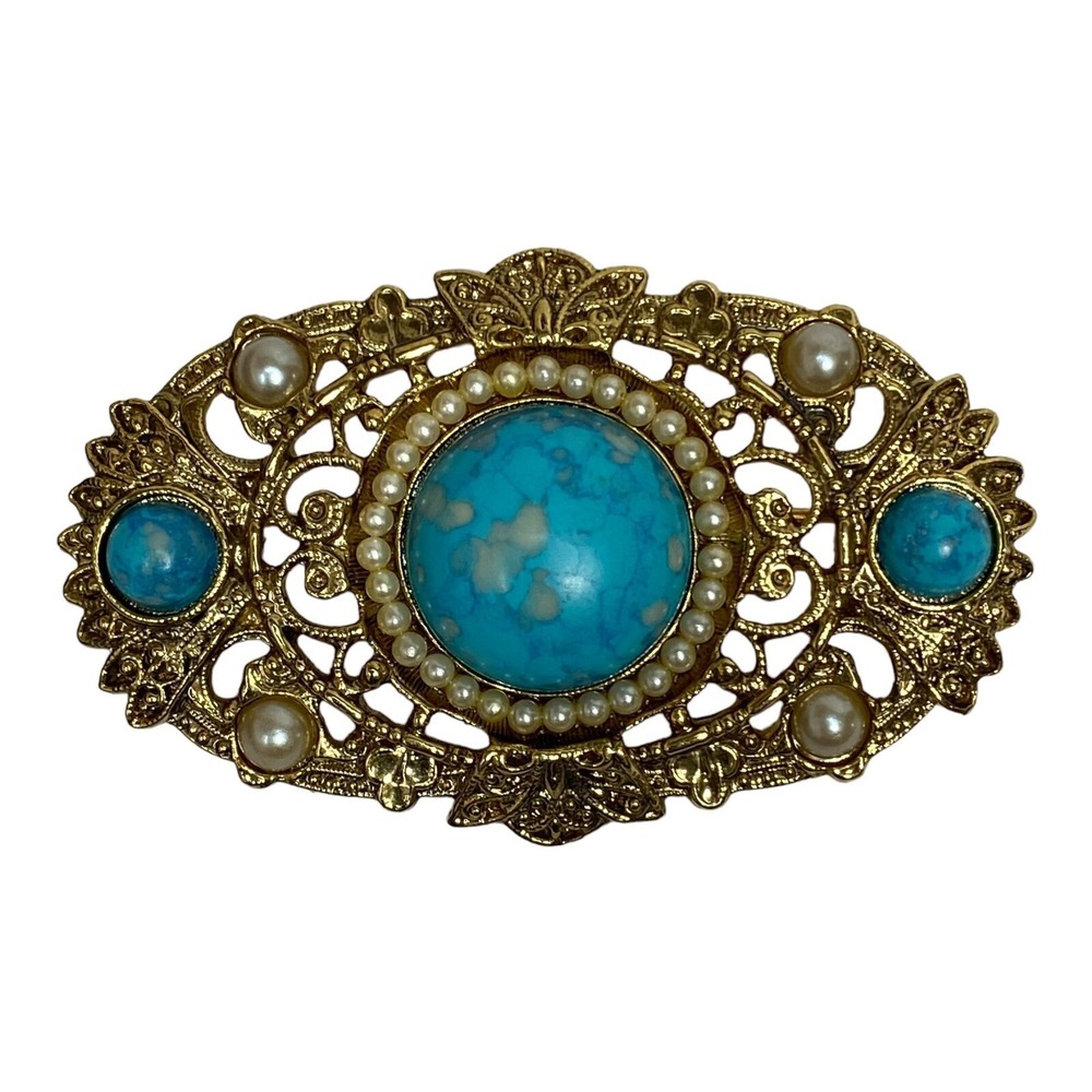Vtg Faux Turquoise Marbled Blue & Pearl Cabochon Filigree Brooch Pin Gold Tone
